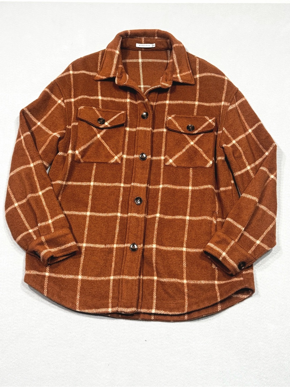 Staccato Plaid Flannel Shacket in Rust/Brown Oversized Small - Picture 2 of 8